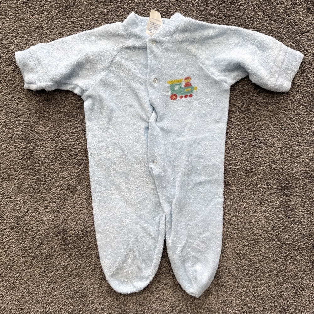 0-3 Months Vtg Sleeper With Feet Blue Terry Cloth 80s 90s Train Button